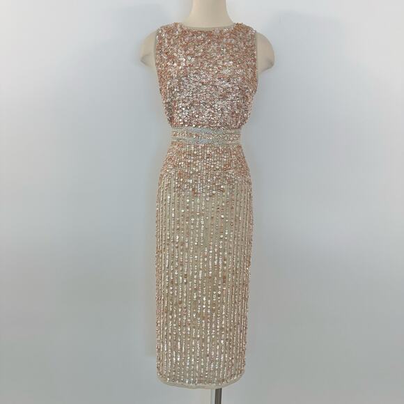 Mac Duggal Sequin Sleeveless Sheath Midi Cocktail Dress in Beige Rose Gold 8 - Picture 2 of 14
